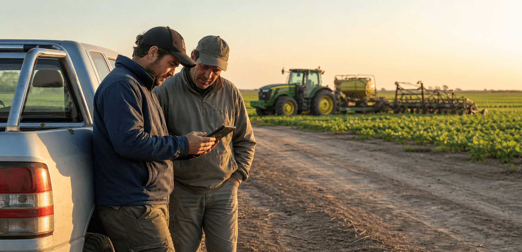 Productor y contratista revisando un trabajo rural junto a maquinaria agrícola