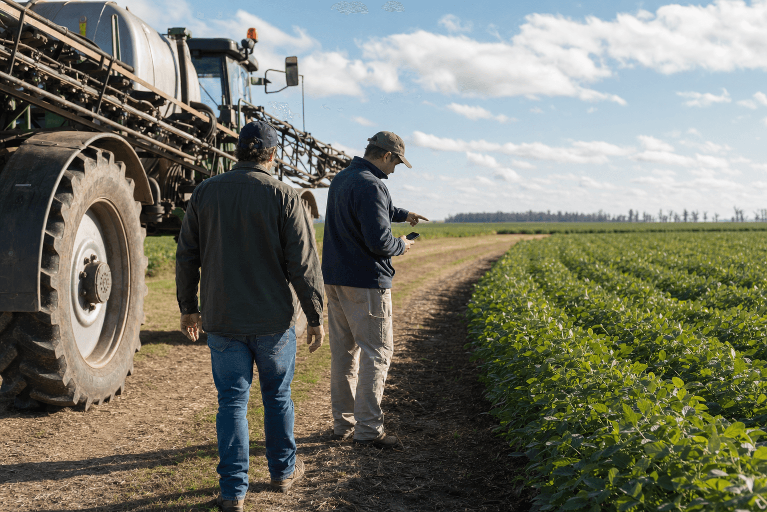 Productor y contratista revisando condiciones climáticas antes de un trabajo rural