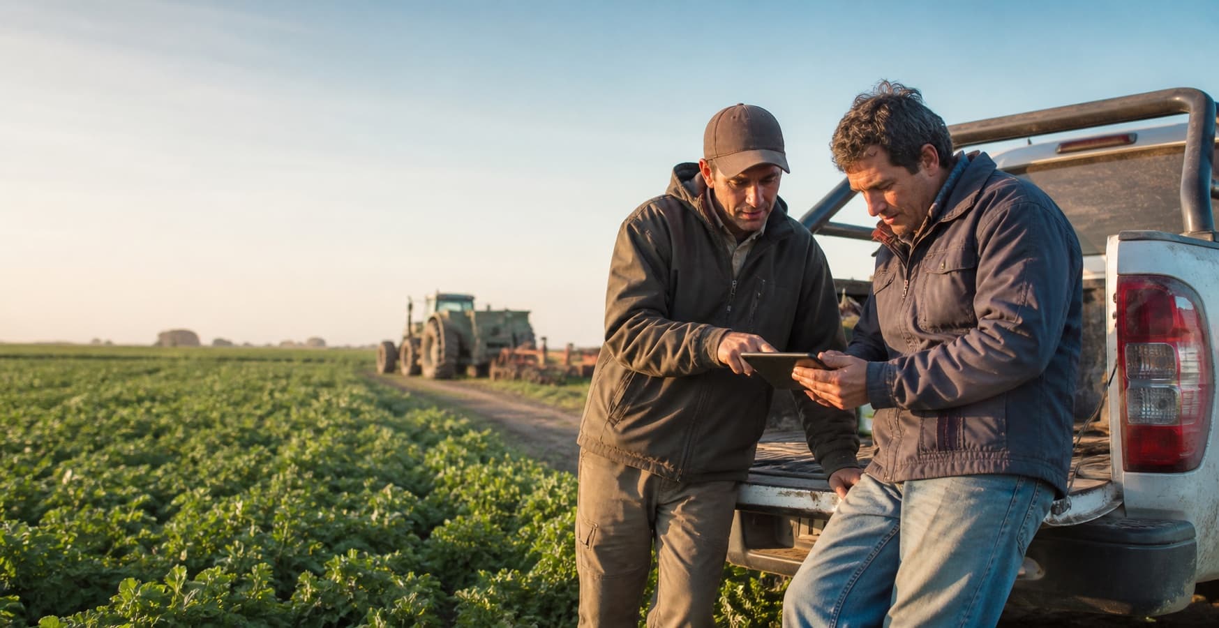 Productor y contratista revisando juntos los datos de un trabajo rural