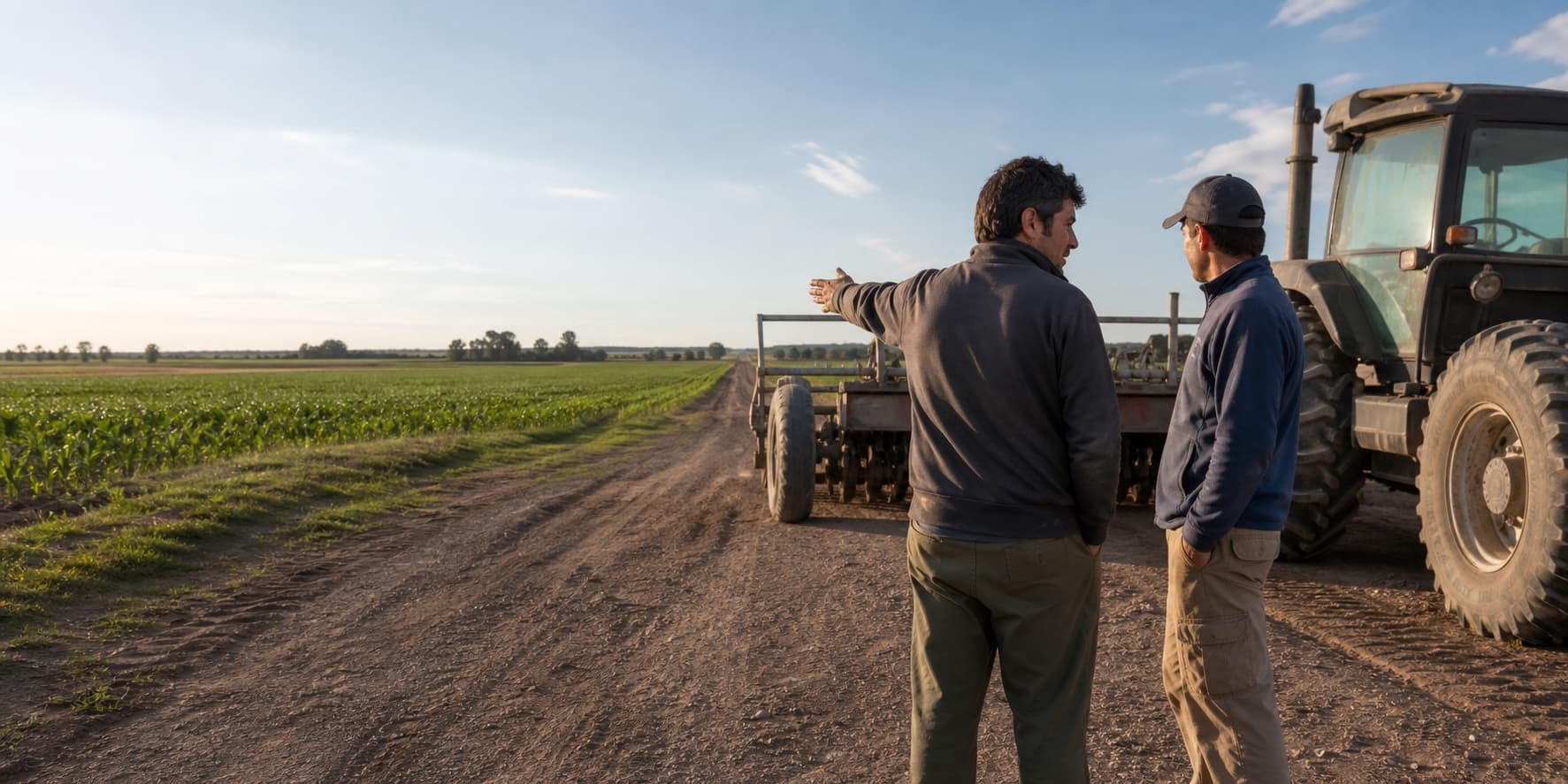 Productor y contratista coordinando un servicio rural en un campo de Córdoba