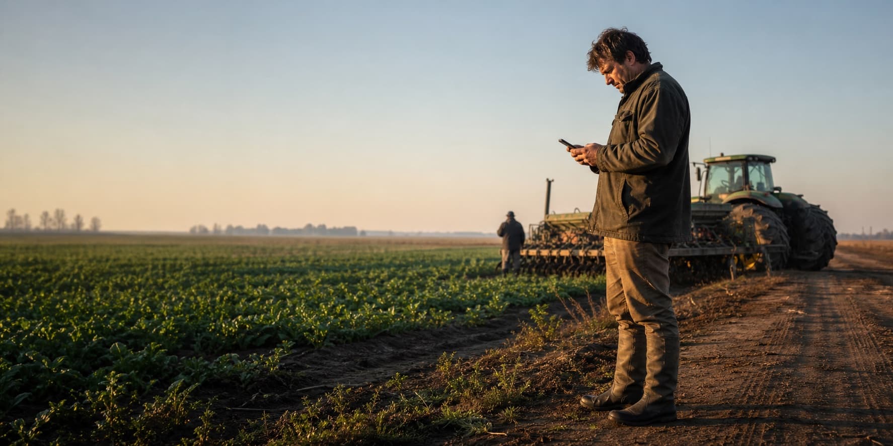 Productor consultando su teléfono junto a un lote y maquinaria agrícola