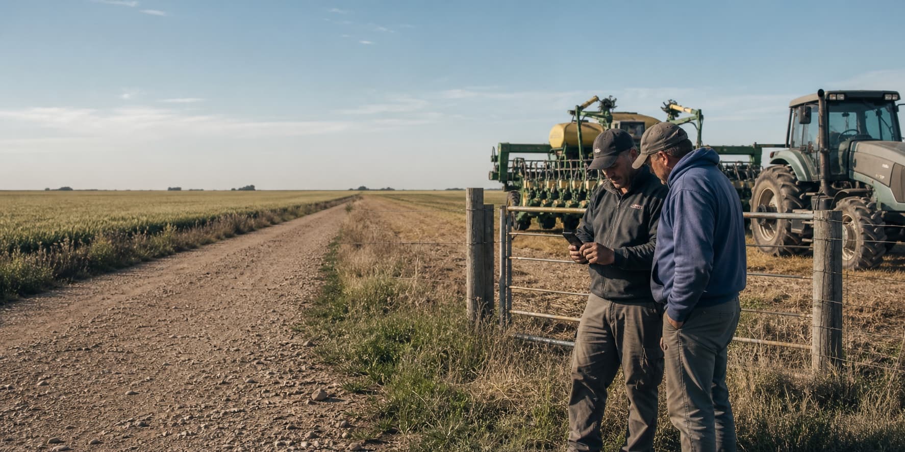 Productor y contratista revisando un servicio junto a un camino rural de Laboulaye