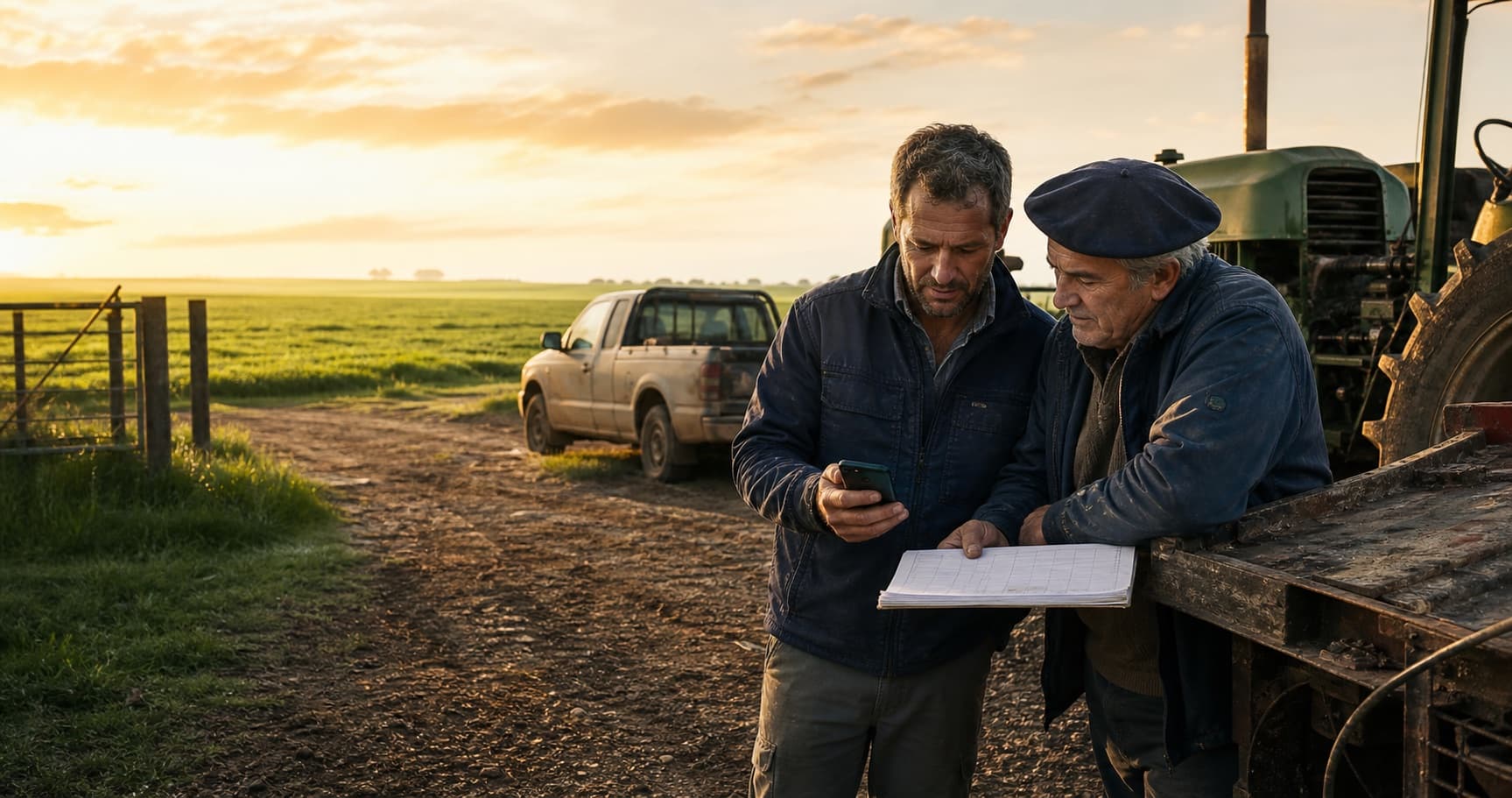 Contratista y productor de confianza planificando juntos un próximo trabajo rural